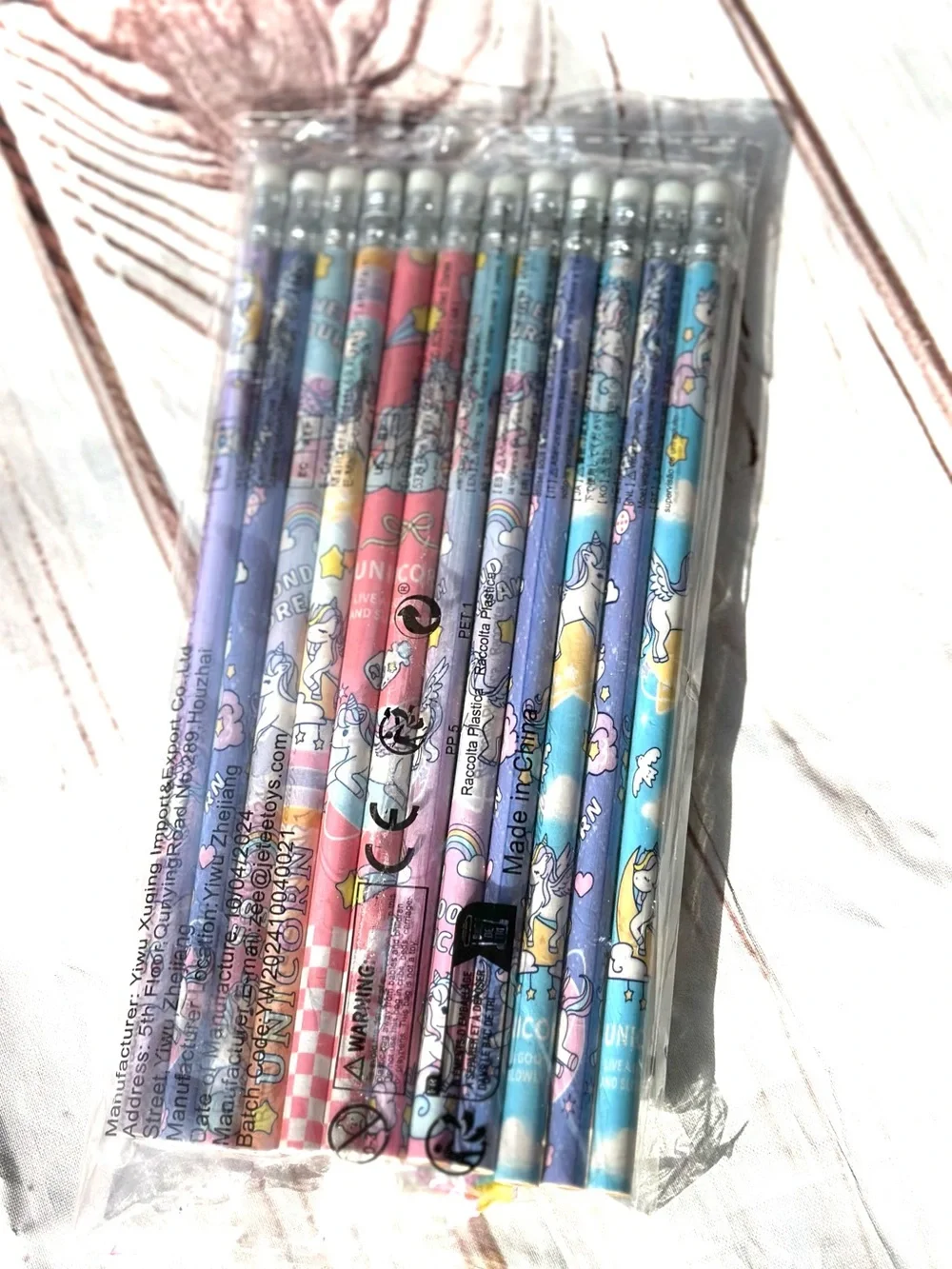 12 Rainbow Unicorn Pencil Set with Pastel Designs and Eraser Toppers